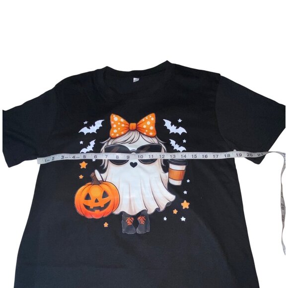 Halloween Ghost Graphic Black T-Shirt Small Pumpkin & Coffee Cup Design - Picture 3 of 5